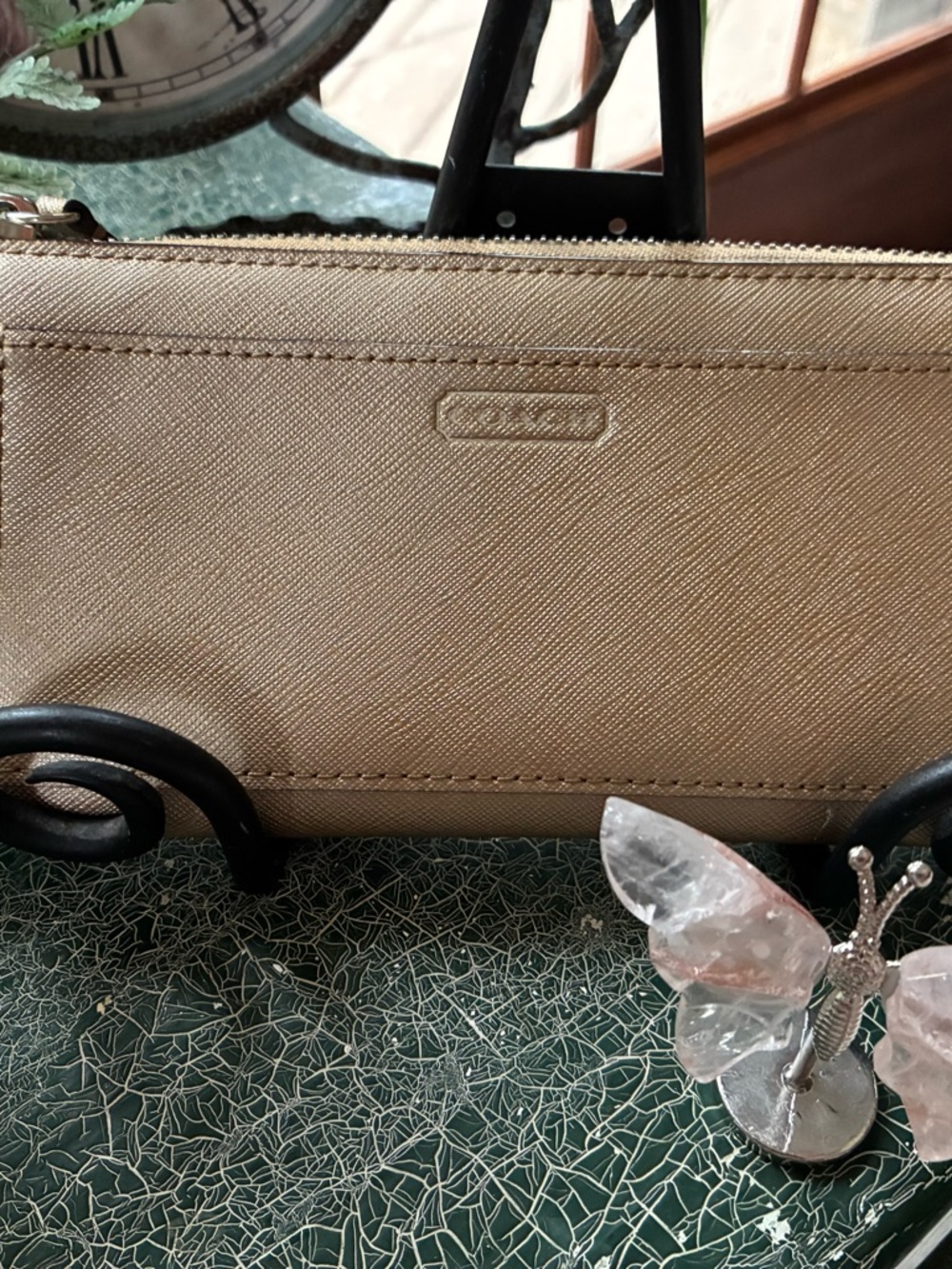 Coach Beige Saffiano Leather Zip Wallet